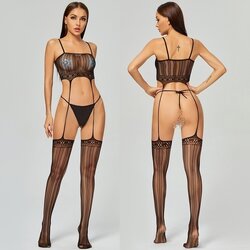 K164 ชุดตาข่ายเซ็กซี่ ชุดตาข่ายเต็มตัวสีดำสวมใส่แบบใช้สายคล้องไหล่ ตัวชุดออกแบบมาเหมือนใส่เกาะอกแล้วมีสายรั้งถุงน่องยาวลงมาตามรูปถ่ายสินค้าจริง ***ไม่มีจีสตริง