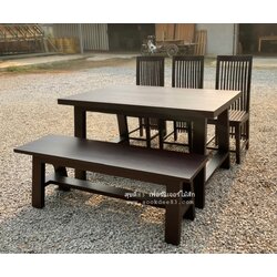 ชุดโต๊ะกินข้าวขาเอ 1.5 ม. ม้านั่งยาว เก้าอี้ 3 ตัว (สีสัก)