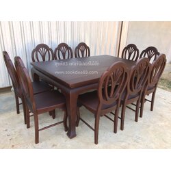 ชุดโต๊ะกินข้าวขาสิงห์ 1.2 ม.x 2 ม. เก้าอี้มงกุฎ 10 ตัว (สีสัก)