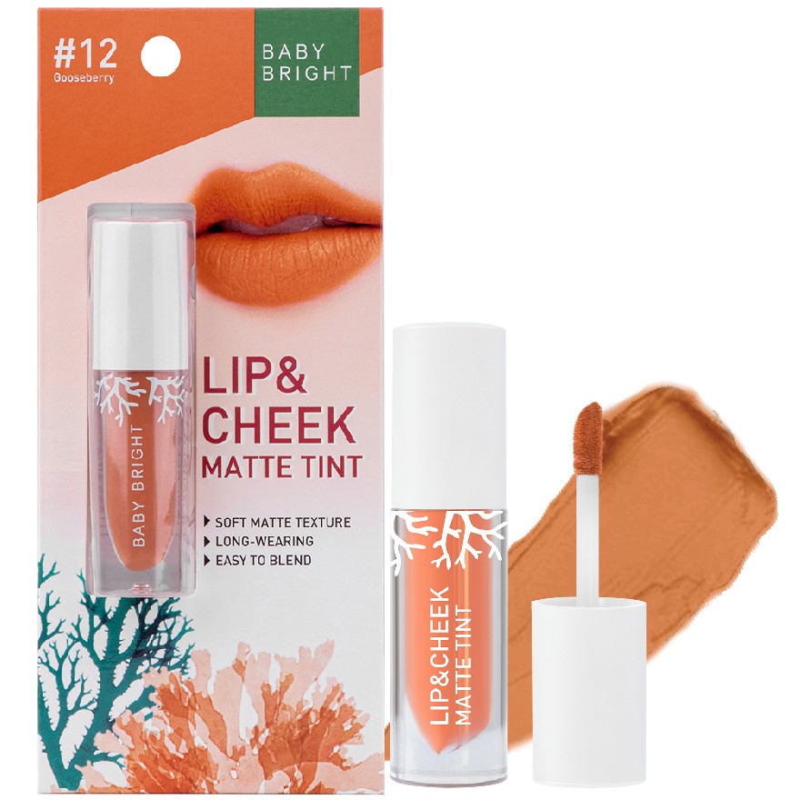 BABY BRIGHT LIP & CHEEK MATTE TINT 2.4G #12 Gooseberry ลิปเบบี้ไบร์ท ลิปทิ้น ทิ้นท์ เนื้อแมท ใช้ได้ทั้งปากและแก้ม 2.4 กรัม สี 12 กูซเบอร์รี่