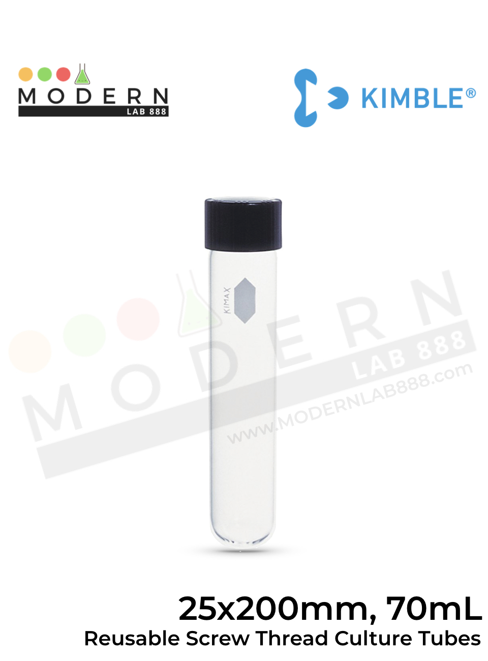 25 x 200mm, 70mL หลอดทดลองแบบหนาใช้ซ้ำได้พร้อมฝาเกลียว / Reusable Screw Thread Culture Tubes with Unattached Caps and Rubber Liners