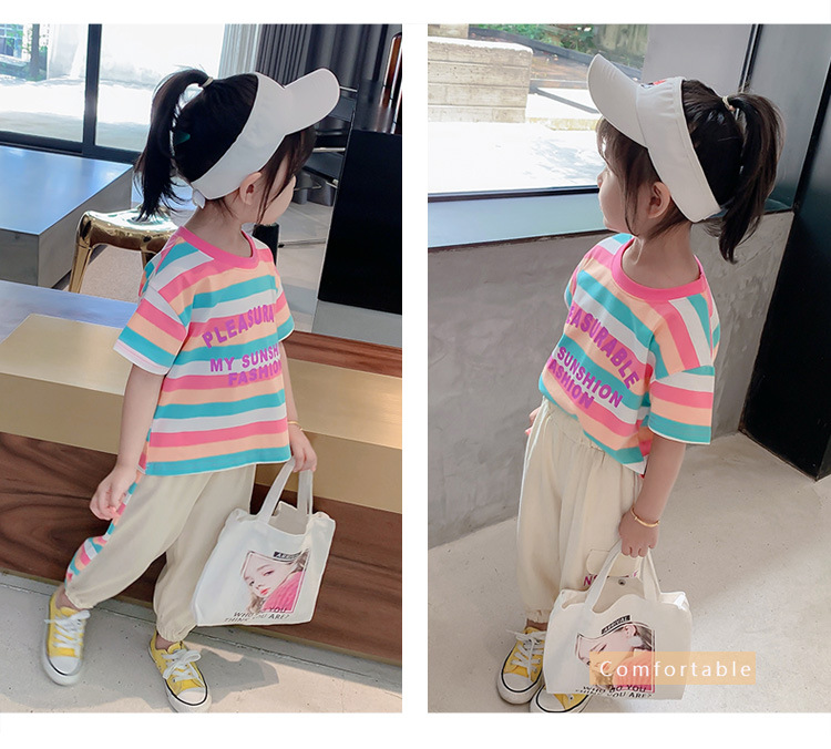 GS16/🧸พร้อมส่ง🧸ชุดเด็กผู้หญิง ชุดเซ็ท 2 ชิ้น เสื้อยืดคอกลมหลากสี+กางเกงสีพื้นแต่งแถบด้านข้าง