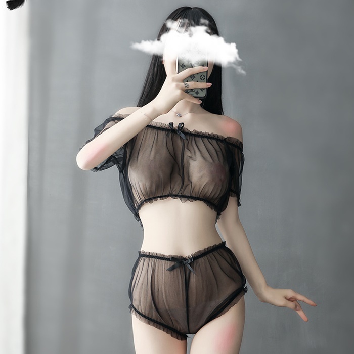 N821 ชุดนอนเซ็กซี่ ชุดนอนผ้าซีทรูมาในแบบ 2 ชิ้นบน-ล่าง ชิ้นบนเป็นเสื้อเกาะอกปาดไหล่แขนสั้น ชิ้นล่างเป็นกางเกงผ้าซีทรูไม่มีซับตามรูปถ่ายสินค้าจริงเลยค่ะ