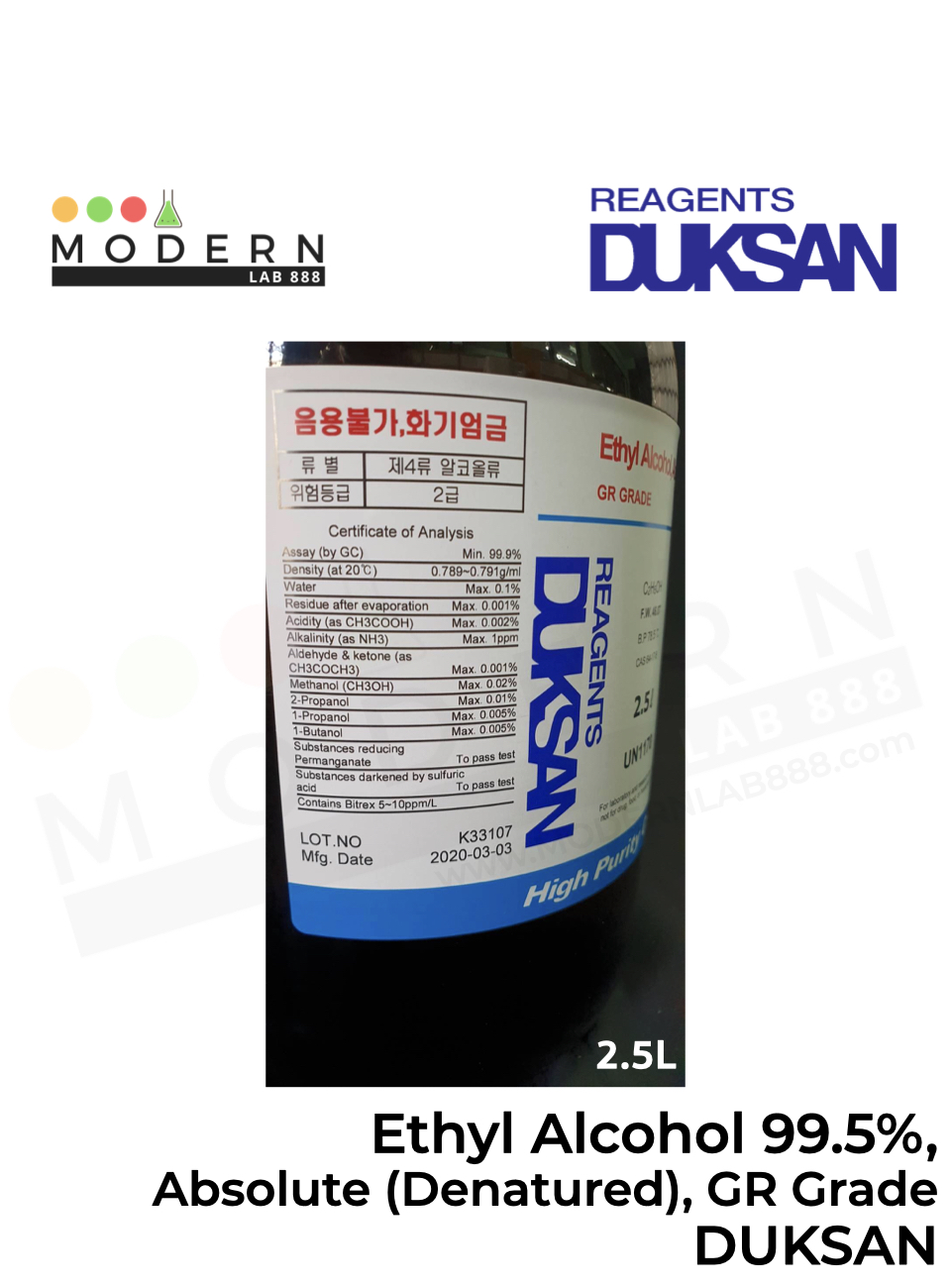 Ethanol (Denatured), GR GRADE, Ethyl Alcohol 99.9%, Absolute, DUKSAN