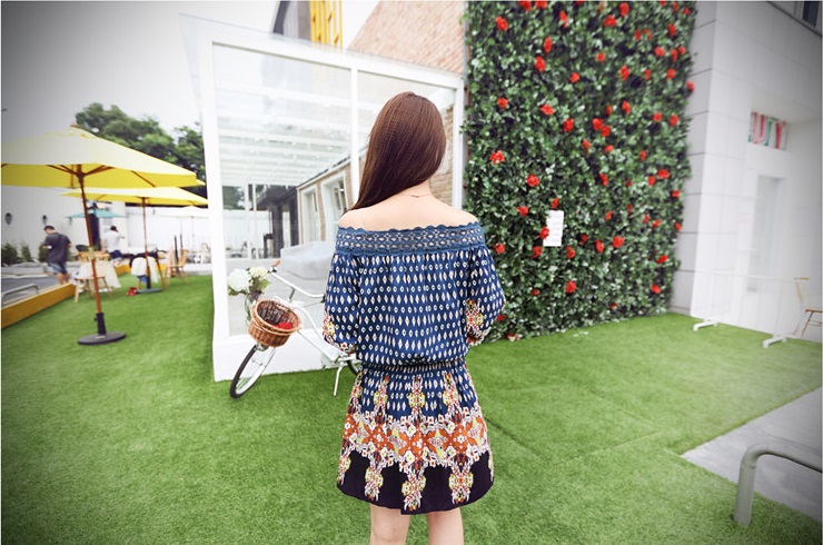 ชุดเดรสผ้าฝ้ายสีน้ำเงิน พิมพ์ลาย แขนยาว คอปาด ส่งฟรี ems