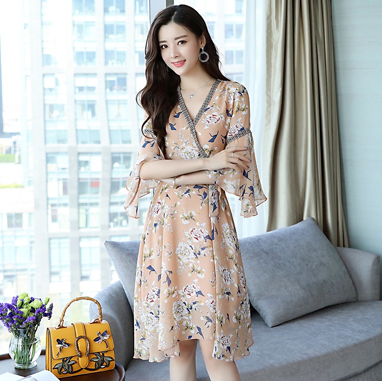 ชุดเดรสสีapricot ผ้าชีฟองพิมพ์ลายดอกไม้ ส่งฟรี ems
