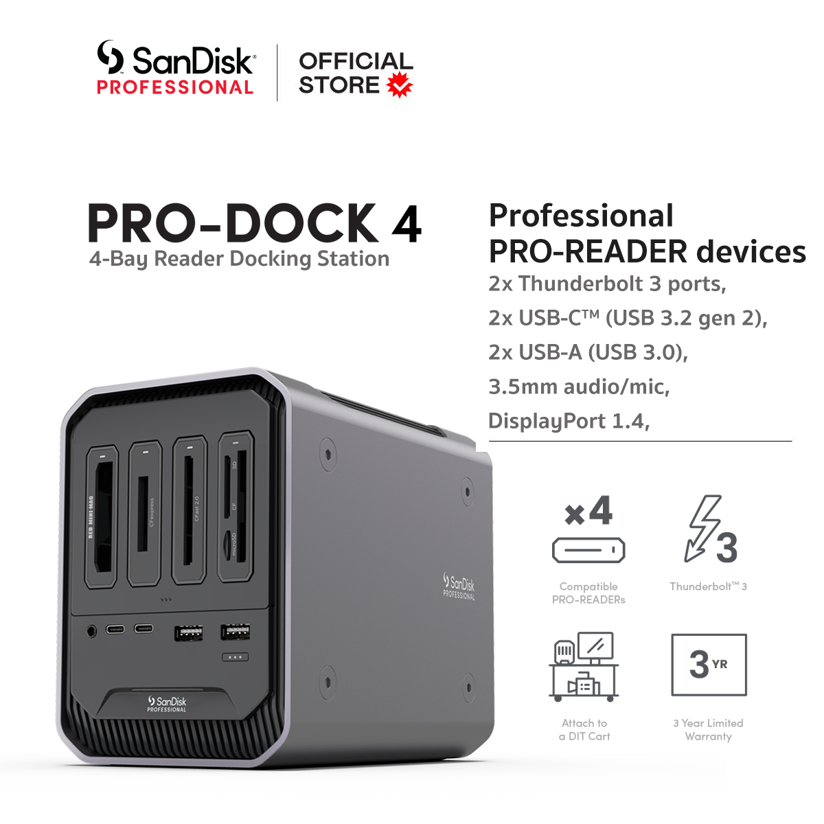 PRO-DOCK 4 (SDPD14F-0000-SBAAD) PRO-READER Docking station 2x Thunderbolt 3 ports, 2x USB-C 3.2 gen 2 SanDisk Professional ประกัน 3 ปี