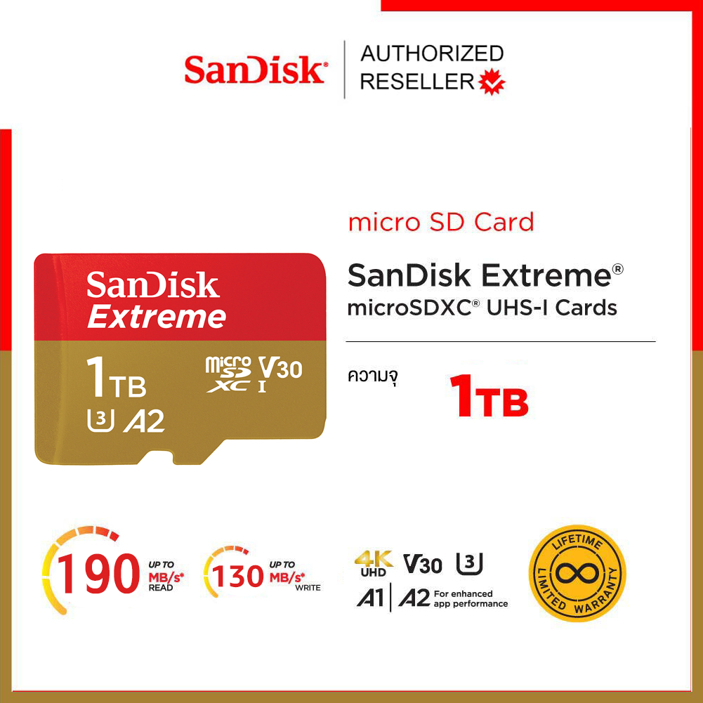 SanDisk Extreme microSDXC Card V30 U3 1TB 190MB/s R, 130MB/s W (SDSQXAV-1T00-GN6MN) Mobile Gaming ,Nintendo ,GoPro ประกัน Synnex ตลอดอายุการใช้งาน