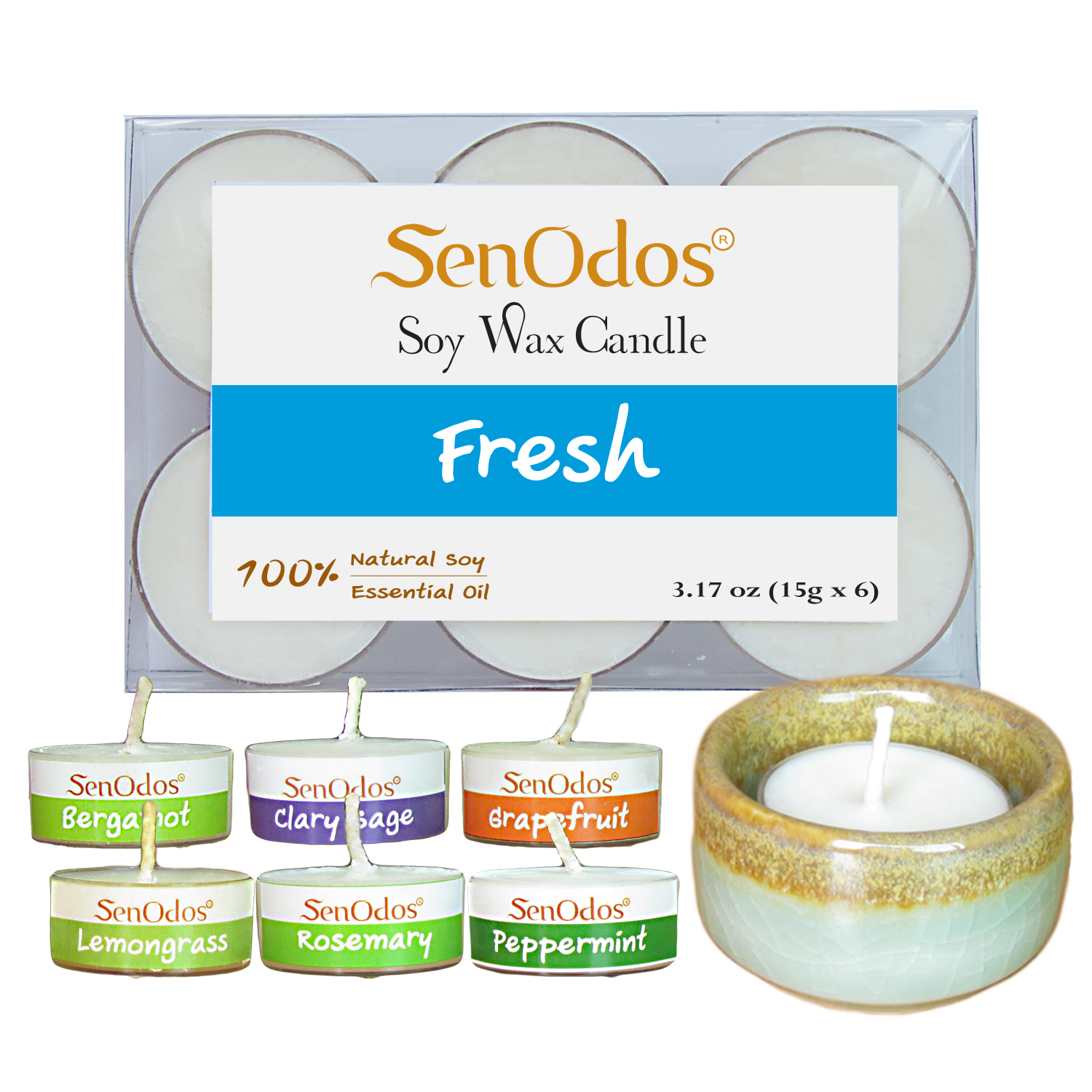 SenOdos Emotional Scented Soy Candles Aroma Fresh (สดชื่น) แพ็ค 6 ชิ้น+ เชิงเทียน ที่วางเทียนทีไลท์ ศิลาดล (เซลาดล) สีเขียวหยกขอบทอง