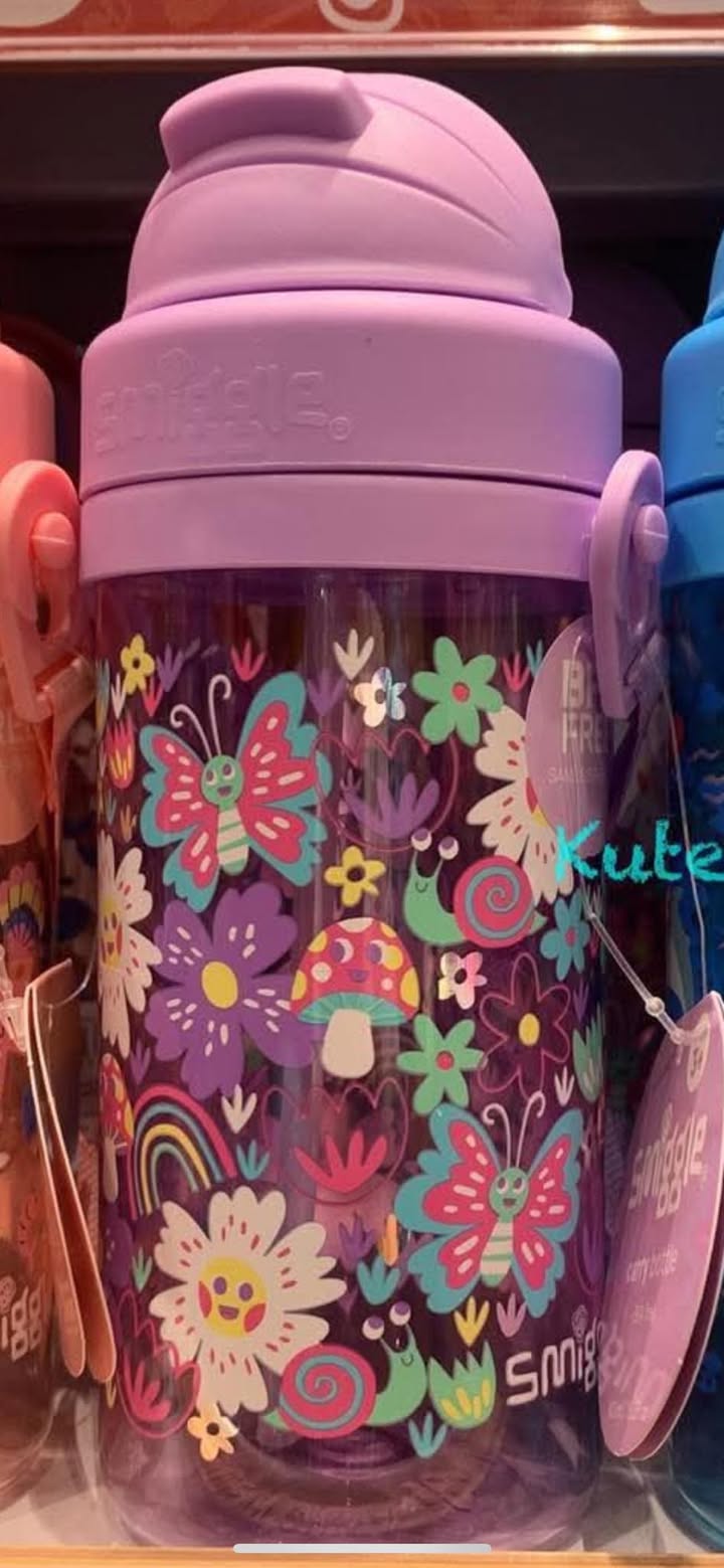 กระติกน้ำ หลอดดูด มีสาย เล็ก 400มล. Smiggle Bottle Strap- - ดอกไม้ม่วง