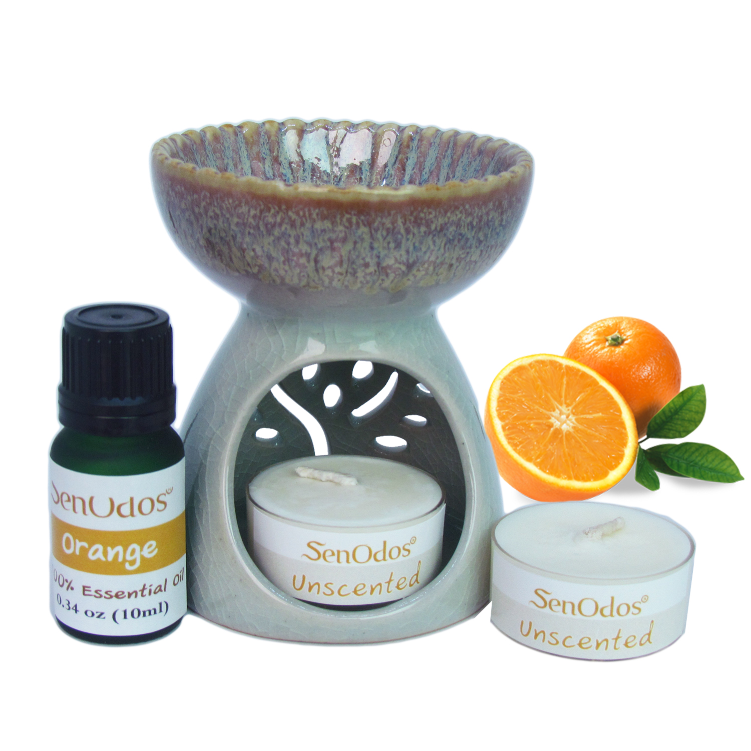 ชุดเซ็ตน้ำมันพร้อมเตาเผา (กลิ่นส้ม) 10ml. + เตาเผาน้ำมันหอมระเหย เซรามิค เครื่องปั้นดินเผา เนื้อศิลาดล สีเขียวหยก ลวดลายใบมะกอก และลายน้ำไหลหลากสีสวยงาม(แถมฟรี!! เทียนไขถั่วเหลืองบริสุทธิ์ 15 g. X 2 ชิ้น ราคา 120 บาท)