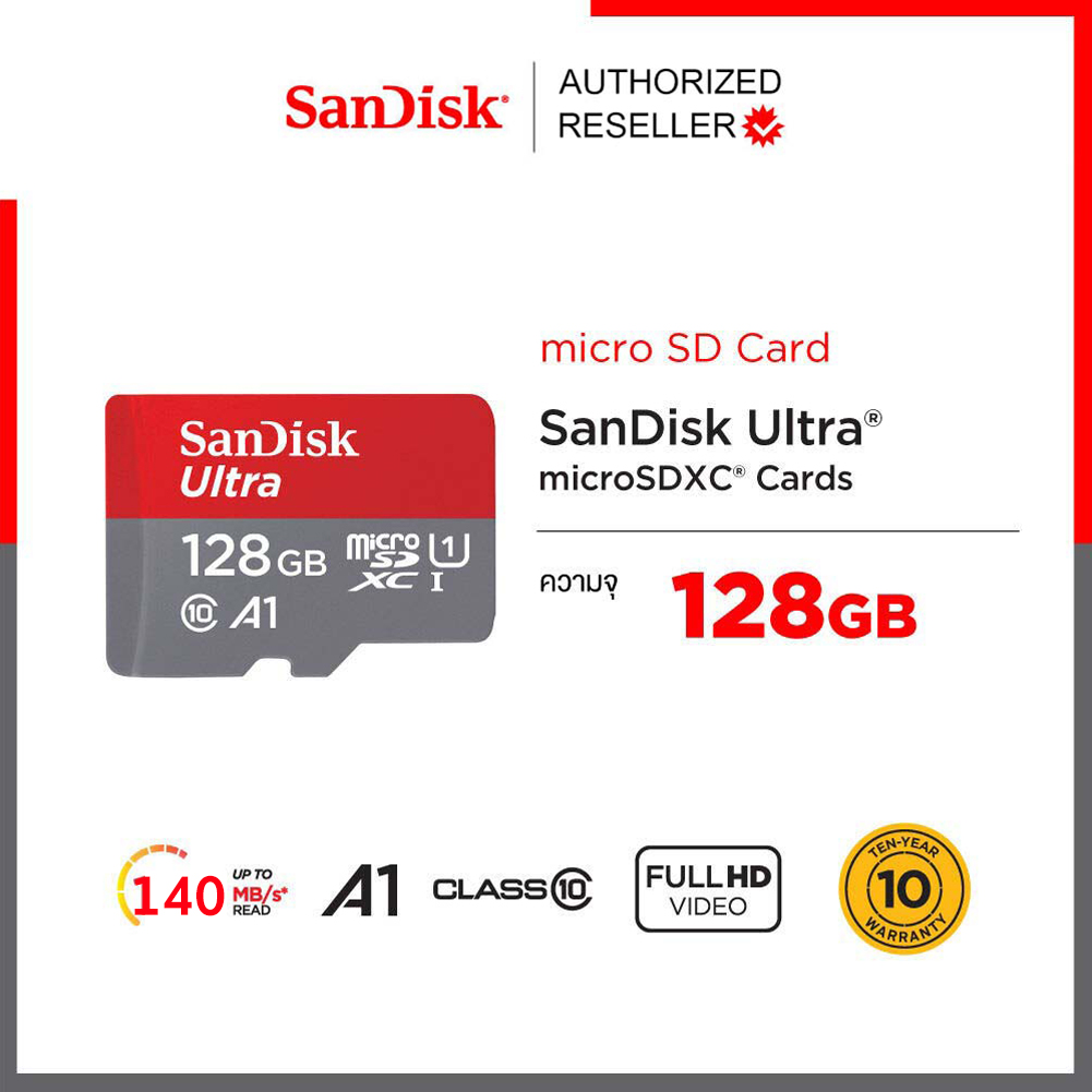 SanDisk MicroSD Card 128Gb Class10 Speed 140mb/s TFCARD ใส่โทรศัพท์ รองรับการลงแอพในเมม เล่นแอพได้เร็ว ประกัน Synnex10ปี SDSQUAB-128G-GN6MN