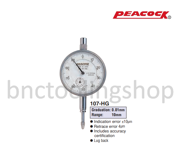 ไดอัลเกจขนาด 10มิล ความละเอียด 0.01มิล,Standard Dial Gauges Range 10mm Graduation 0.01mm,Peacock,107-HG