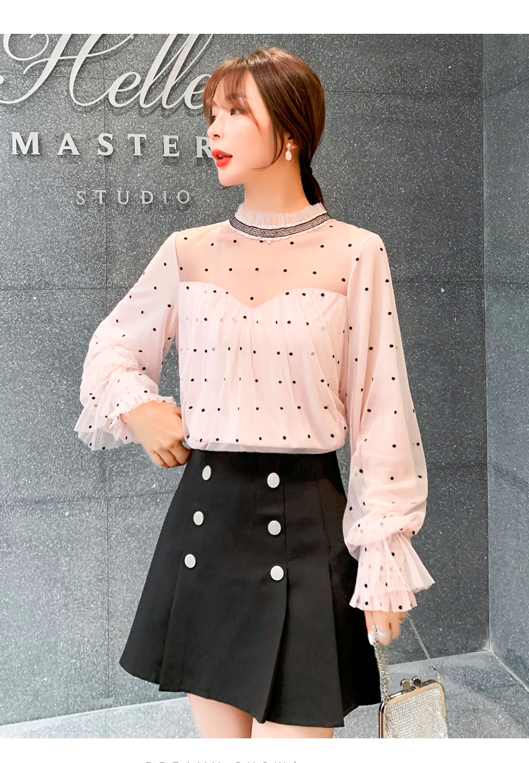 เสื้อสีชมพูอ่อน ลายจุดเล็กๆๆสีดำ เสื้อใส่ทำงานสวยๆๆ ส่งฟรี ems