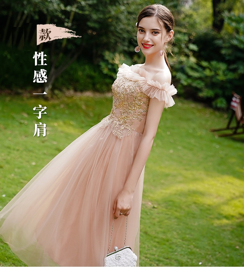 ชุดราตรีสีน้ำตาลทอง ชุดเดรสออกงานยาวสวยหรู ยาวคลุมเข่า ส่งฟรี ems