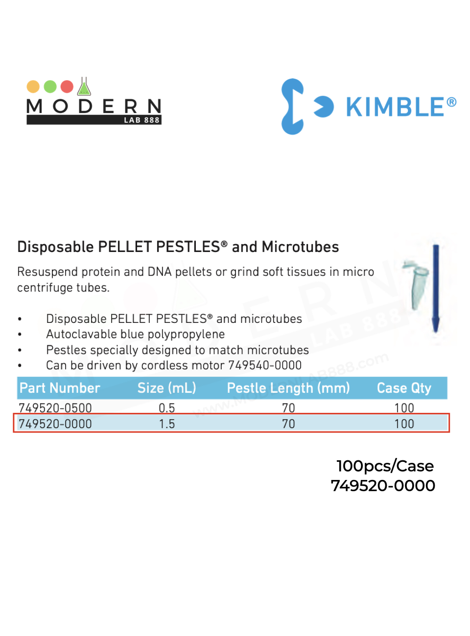 Disposable PELLET PESTLES® and Microtubes, KIMBLE (100ชิ้น/กล่อง) / ที่บดเนื้อเยื่อพร้อมหลอดเซนตริฟิวจ์ 1.5ml