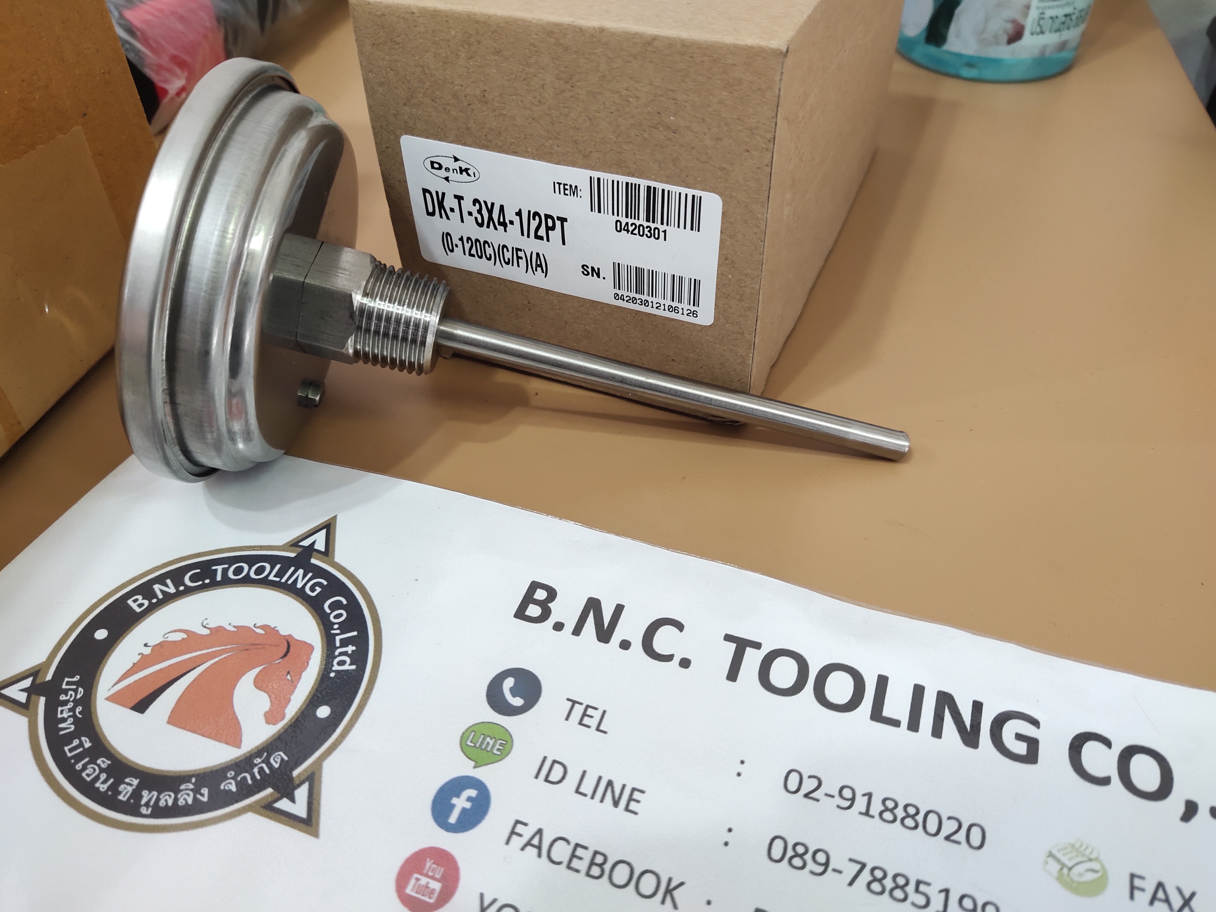 Denki,มิเตอร์วัดอุณหภูมิแบบเข็มมีก้านออกด้านหลัง,DK-T,DK-T-3x4-1/2PT (0-120C)(C/F)(A)