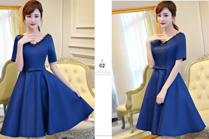 ชุดเดรสออกงานสีน้ำเงิน ดีไซน์คอวี แขนสั้น แต่งรอบคอเสื้อด้วยผ้าถักโครเชต์ลายใบไม้ ส่งฟรี ems