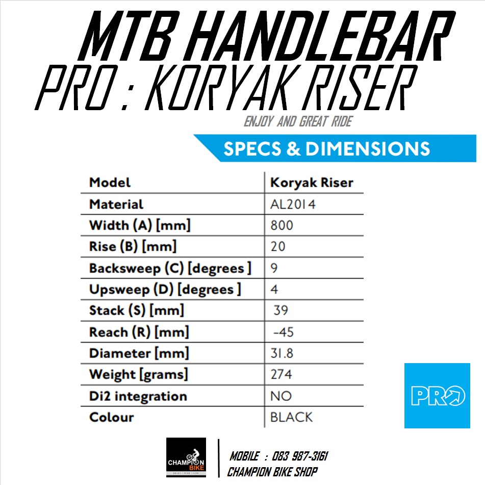 แฮนด์ยกเสือภูเขา PRO : KORYAK RISER / MTB RISER HANDLEBAR 31.8 / RISER 20mm