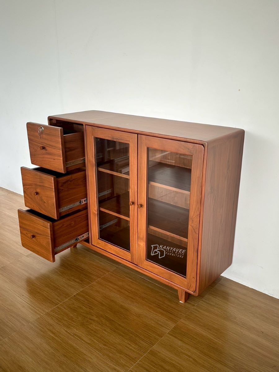 ตู้โชว์เก็บของไม้สัก สีวอลนัท พร้อมที่ล็อค