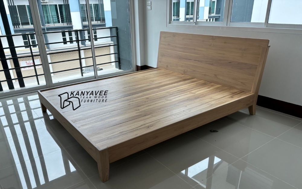 เตียงนอนมินิมอลไม้สัก6ฟุต สีมูจิ