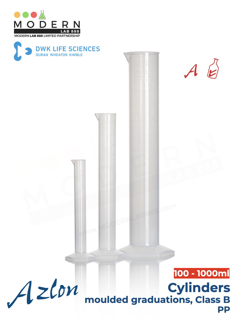 กระบอกตวง พลาสติก PP แบบสเกลตัวนูน / Cylinder, moulded graduations, class B, PP, "AZLON"