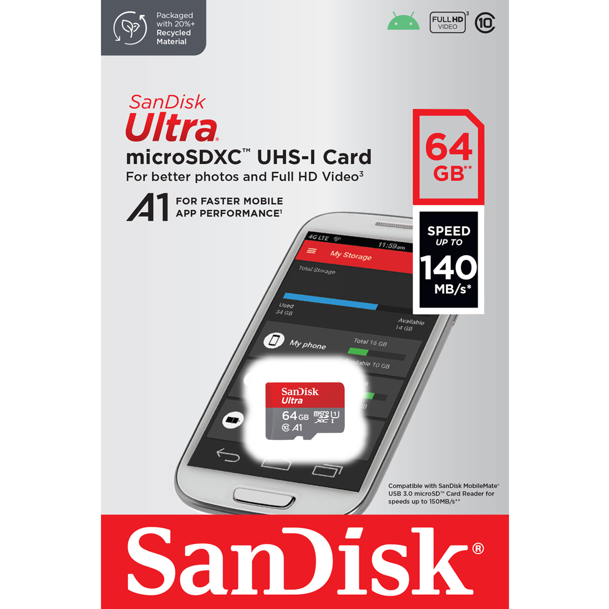 SanDisk MicroSD Card 64Gb Class10 Speed 140mb/s TFCARD ใส่โทรศัพท์ รองรับการลงแอพในเมม เล่นแอพได้เร็ว ประกัน Synnex10ปี SDSQUAB-064G-GN6MN