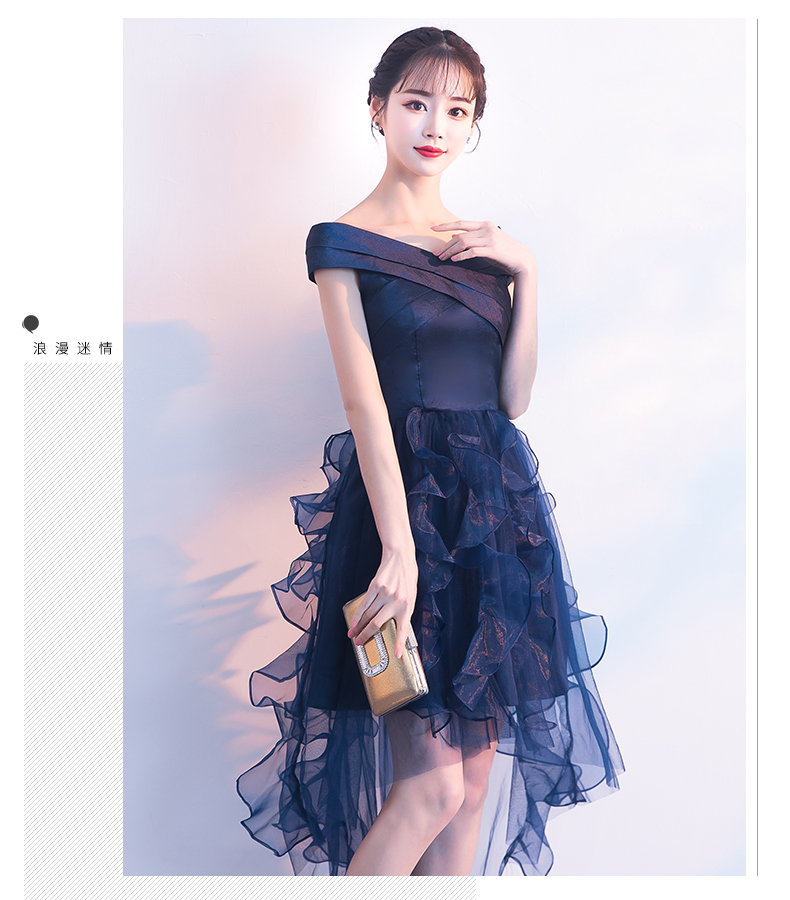 ชุดราตรีสีน้ำเงิน ดีไซน์กระโปรงหน้าสั้นหลังยาว ส่งฟรี