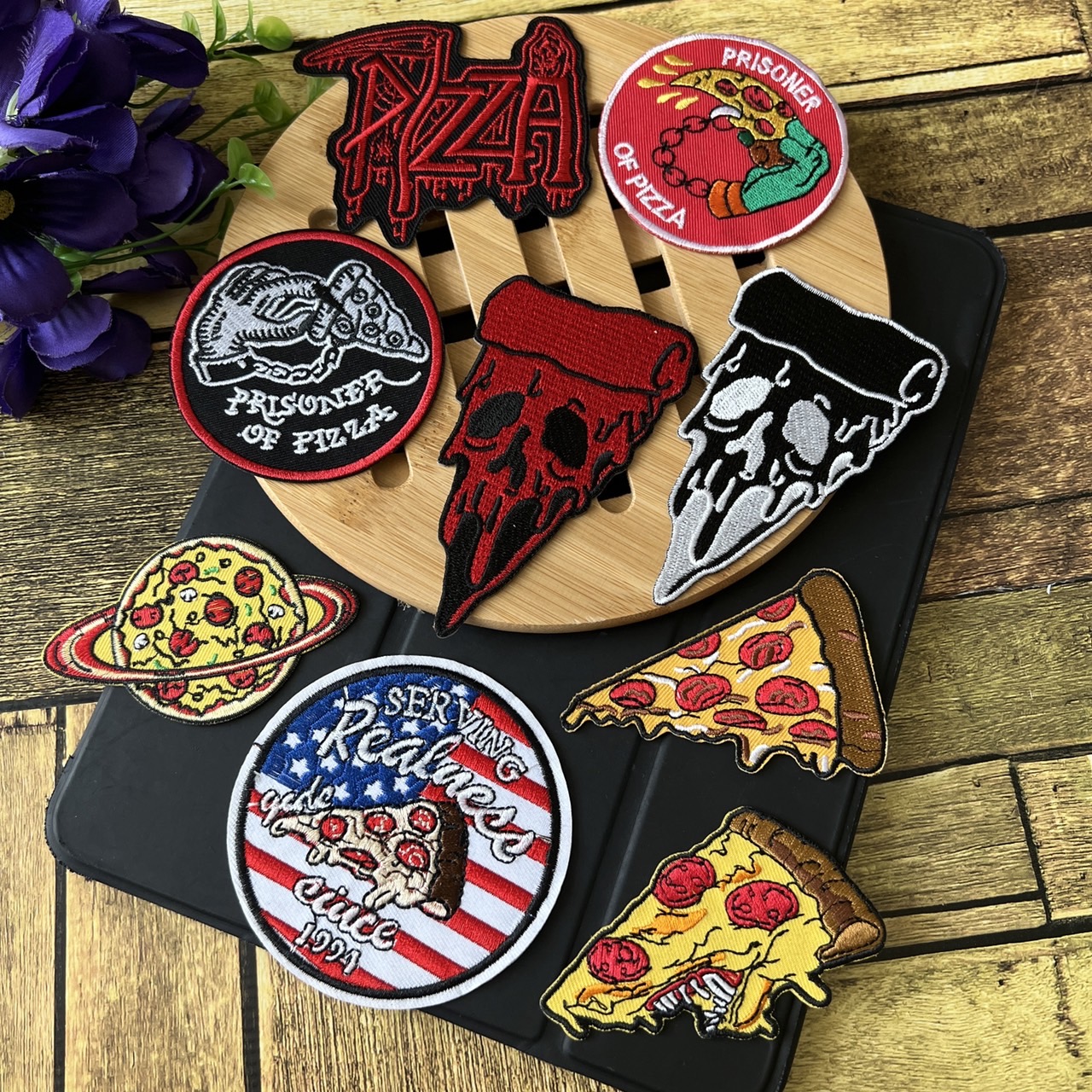 พิซซ่า pizza ตัวรีดติดเสื้อ อาร์มรีด อาร์มปัก ตกแต่งเสื้อผ้า หมวก กระเป๋า แจ๊คเก็ตยีนส์ Food, Drink Embroidered Iron on Patch