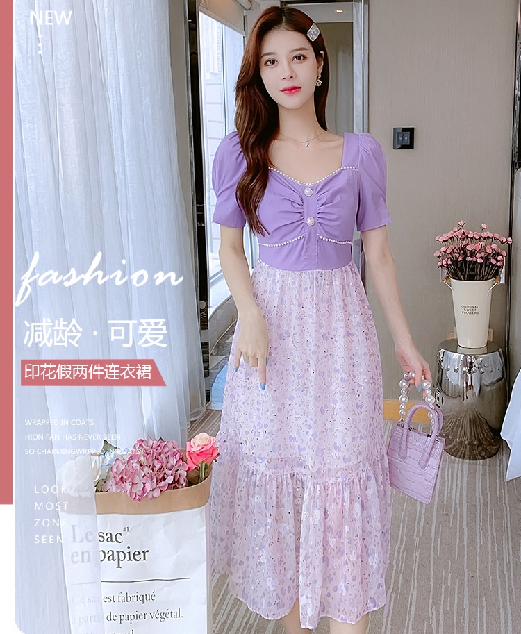 ชุดเดรสสีม่วงสวยหวาน ดีไซน์สวย ตัวเสื้อผ้าคอตตอนผสมสีม่วง ส่งฟรี