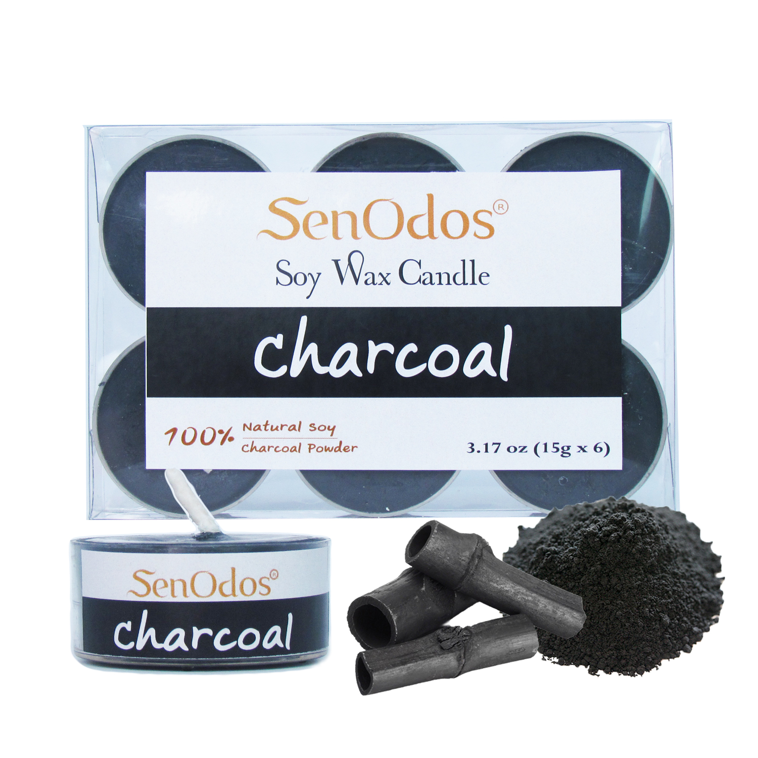 SenOdos เทียนไขถั่วเหลือง อโรม่า เทียนทีไลท์ Tealight Set Charcoal Soy Candles เทียนไขถั่วเหลือง อโรม่า - กลิ่นชาโคลจากไม้ไผ่ 15 g. (6 ชิ้น)