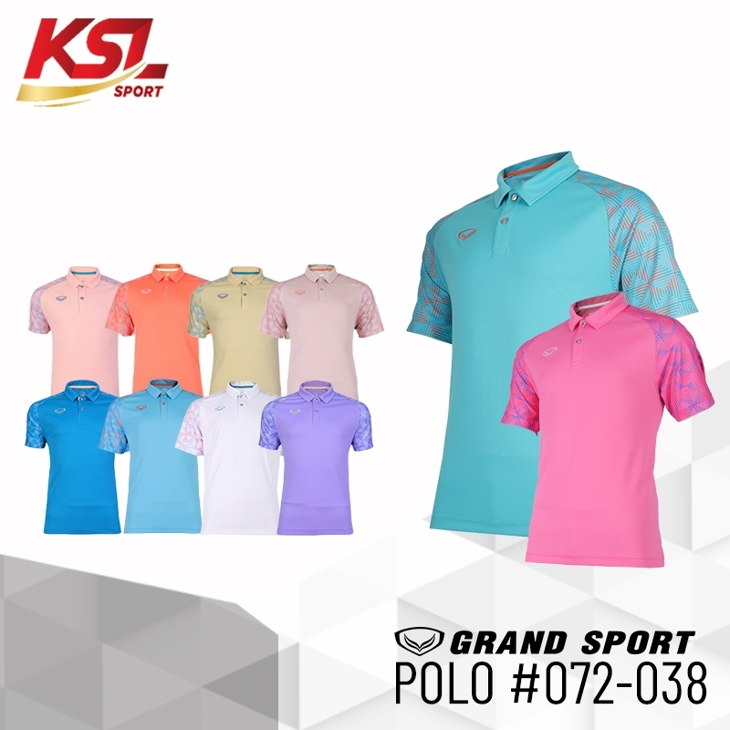 Grand Sport เสื้อโปโล เสื้อคอปก แกรนด์สปอร์ต Active Wear 2024 รหัส 072-083 (072083) - สีฟ้า/พีช/เขียว/ส้ม/ม่วง/เหลือง/ขาว/ชมพู/เบจ/ฟ้าเข้ม