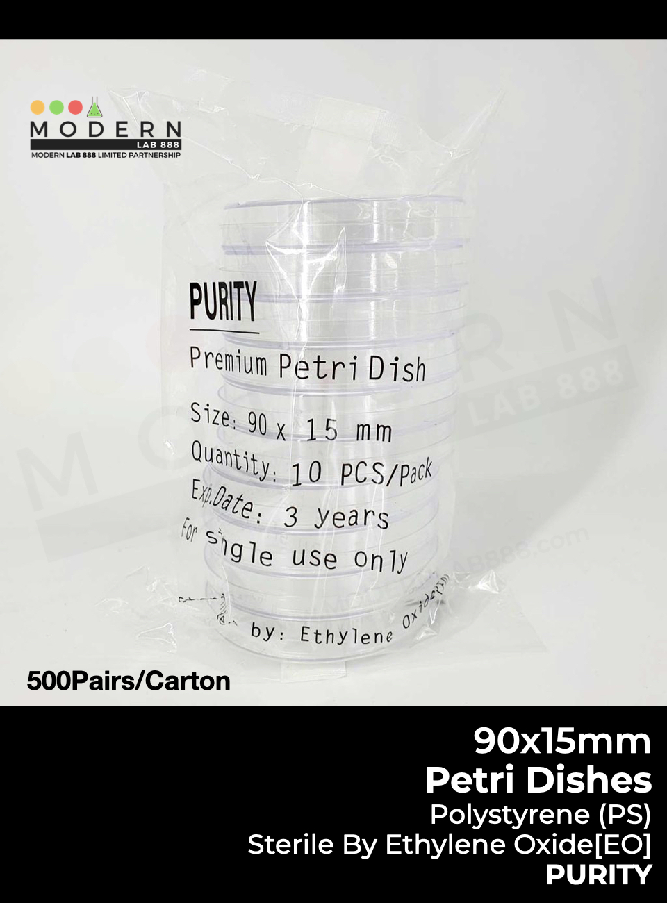 จานเพาะเชื้อพลาสติก / Petri Dish, 90x15 mm., PURITY (500คู่/ลัง)