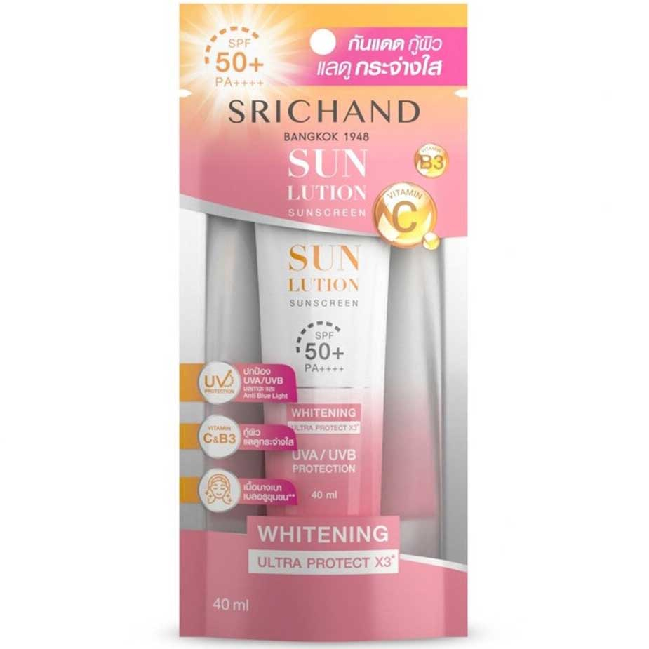 Srichand Sunlution Skin Whitening Sunscreen SPF 50+ PA++++ 40 ML. ศรีจันทร์ ซันลูชั่น สกิน ไวท์เทนนิ่ง ซันสกรีน เอสพีเอฟ 50+ พีเอ++++ 40 มล. กันแดดสูตรไวท์เทนนิ่ง