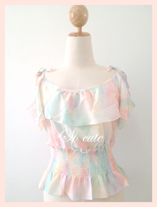 เสื้อผ้าชีฟองเนื้อดี สีลูกกวาด ไหล่สายเดี่ยวแบบผูก ส่งฟรี ems