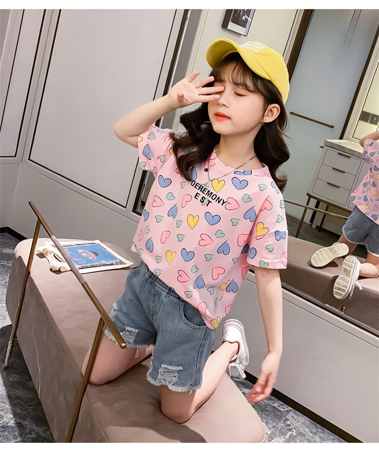 GS01/🧸พร้อมส่ง🧸ชุดเด็กผู้หญิง ชุดเซท2ชิ้น ยีนส์ขาสั้น+เสื้อลายหัวใจ น่ารักๆ