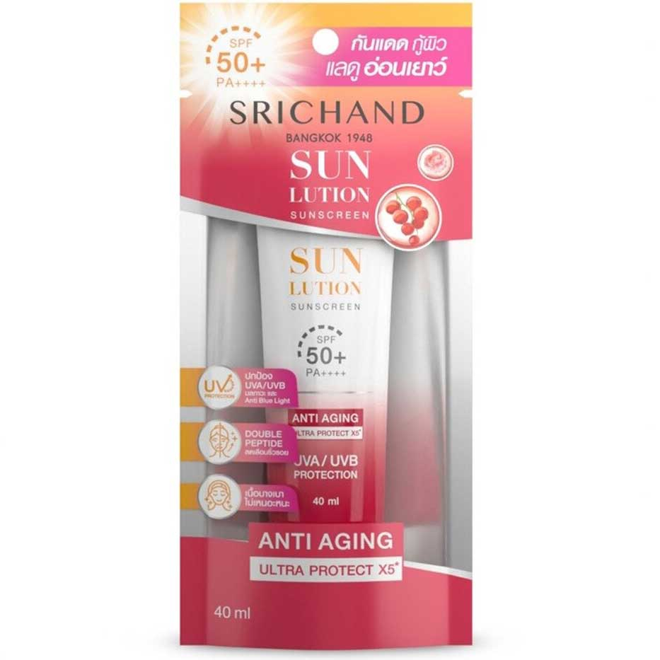 Srichand Sunlution Anti Aging Sunscreen SPF50+ PA++++ 40 ML. กันแดดศรีจันทร์ ซันลูชั่น แอนตี้เอจจิ้ง ซันสกรีน เอสพีเอฟ 50+ พีเอ++++ 40 มล. ศรีจันทร์ กันแดดสูตรเพื่อผิวอ่อนเยาว์