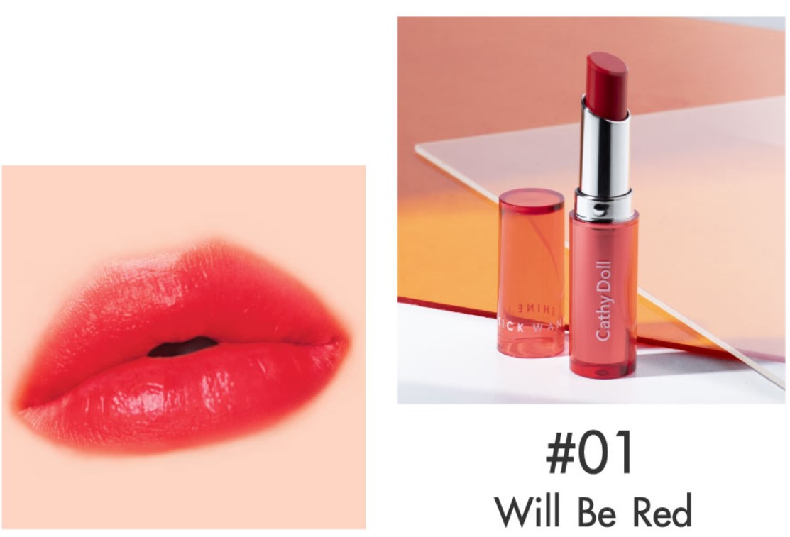 CATHY DOLL Wanna Shine Lipstick 3g. #01 WILL BE RED เคที่ดอลล์ วันนาไชน์ ลิปสติกเนื้อวาว บำรุงริมฝีปาก 3g. สี 01 WILL BE RED