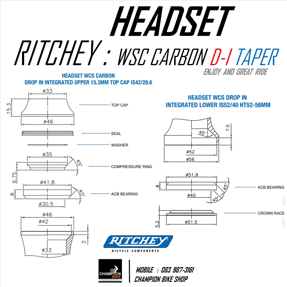 ลูกปืนคอฝังเทเปอร์ คาร์บอน DROP IN TAPER 1-1/2" นิ้ว RITCHEY : WCS CARBON DROP IN TAPER 1-1/2" HEADSET