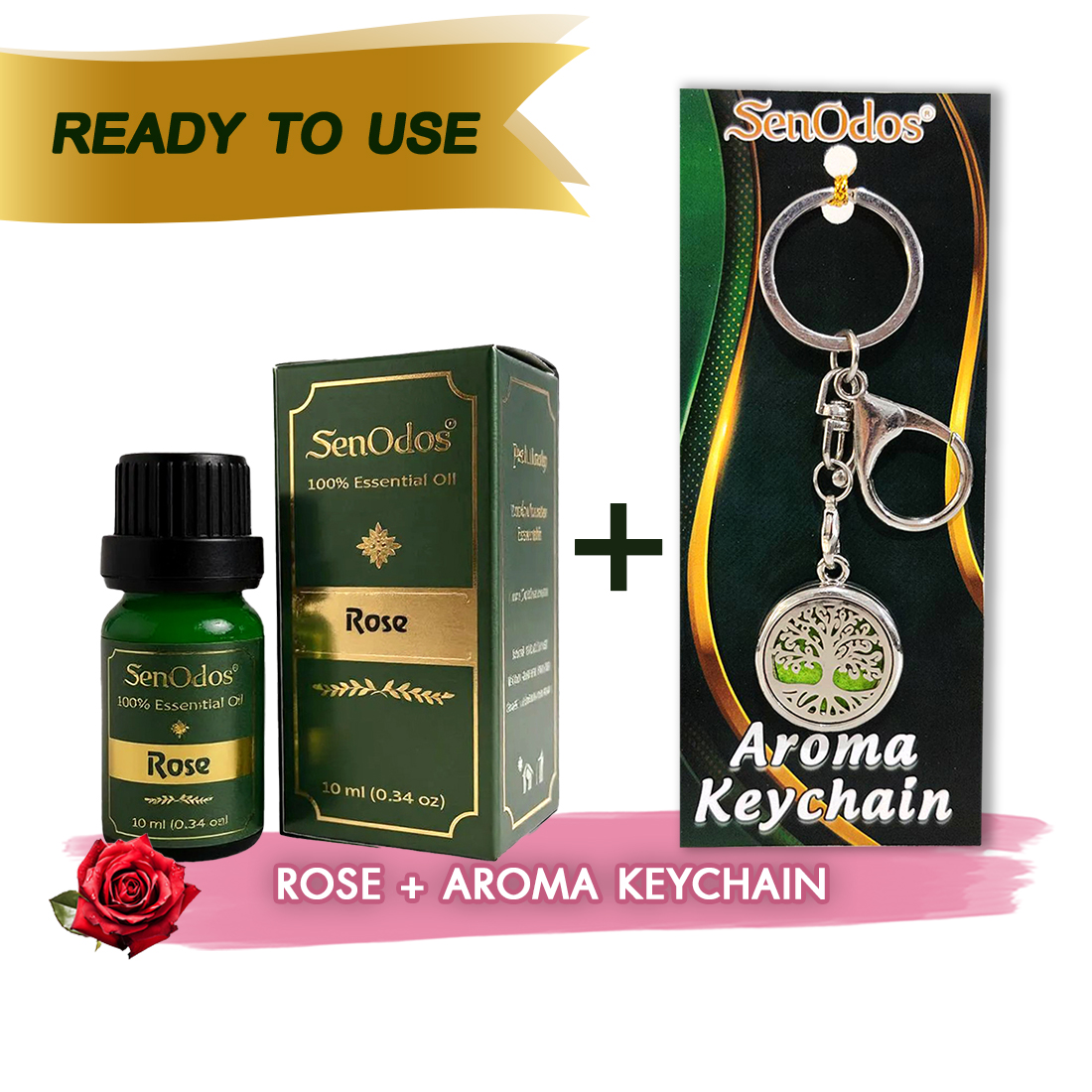 SenOdos น้ำมันหอมระเหยแท้ กลิ่นกุหลาบแท้ 10ml. Rose Pure Essential Oils + น้ำหอมพกพา น้ำหอมในรถ พวงกุญแจน้ำหอม (Aroma Keychain / Car Perfume Keyring) ที่ห้อยกระเป๋า ที่ห้อยพวงกุญแจ