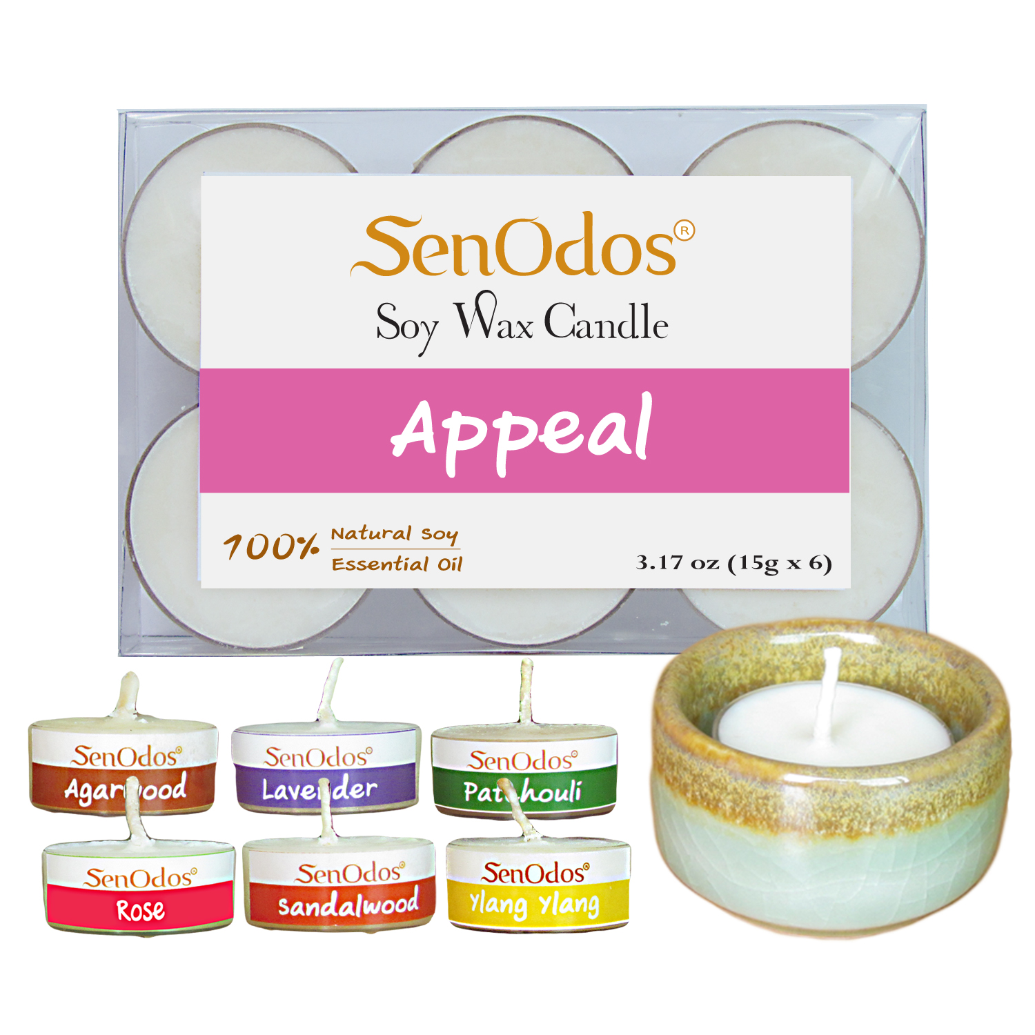 ﻿SenOdos Emotional Scented Soy Candles Aroma Appeal เทียนหอมอโรม่า (แพ็ค 6 ชิ้น) + เชิงเทียน ที่วางเทียนทีไลท์ ศิลาดล (เซลาดล) สีเขียวหยกขอบทอง