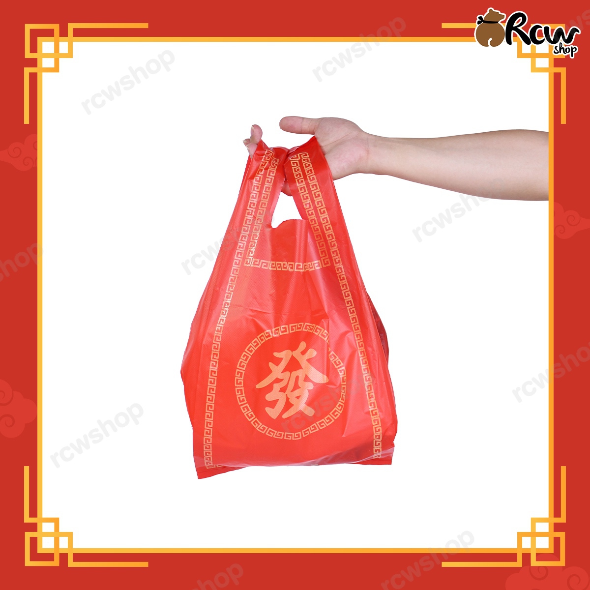 ถุงหูหิ้วบูติก ลายจีนสีแดง (ลายฮก และ ฮวดไช้)