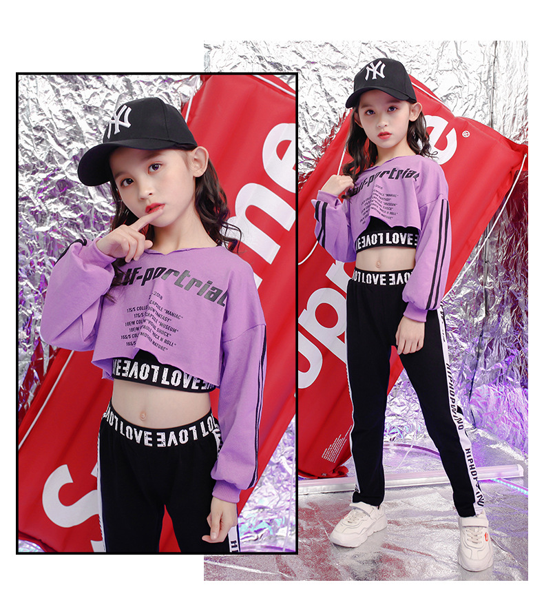GS3/🧸พร้อมส่ง🧸ชุดเด็กผู้หญิง Hip Hop ม่วงดำสุดอินเทรน ( ขายแยกเสื้อ/กางเกง)