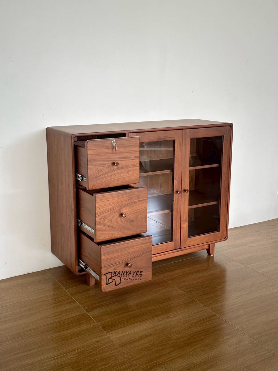 ตู้โชว์เก็บของไม้สัก สีวอลนัท พร้อมที่ล็อค