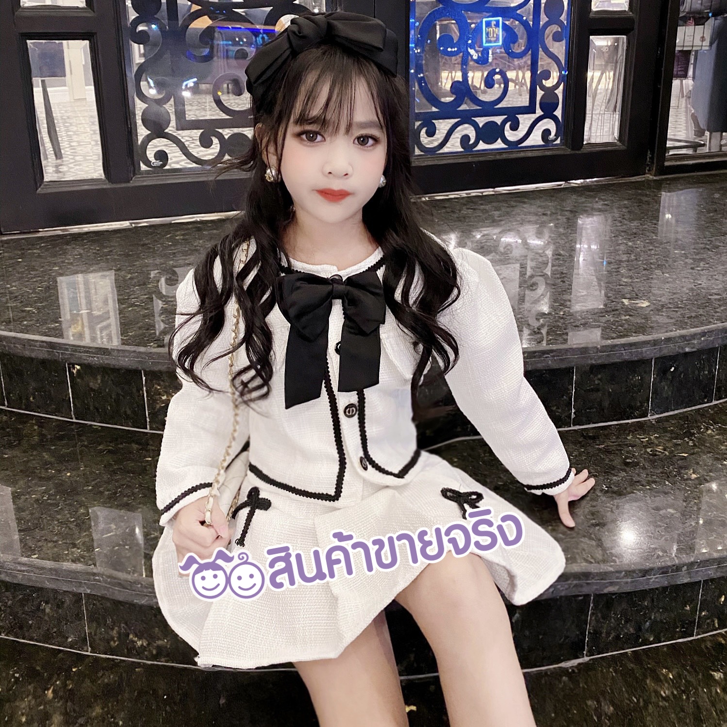 HT02 /💜พร้อมส่ง💜ชุดเด็กผู้หญิงเซท 3 ชิ้น ทวิสยุโรป เสื้อ+กระโปรง+เข็มกลัดโบว์