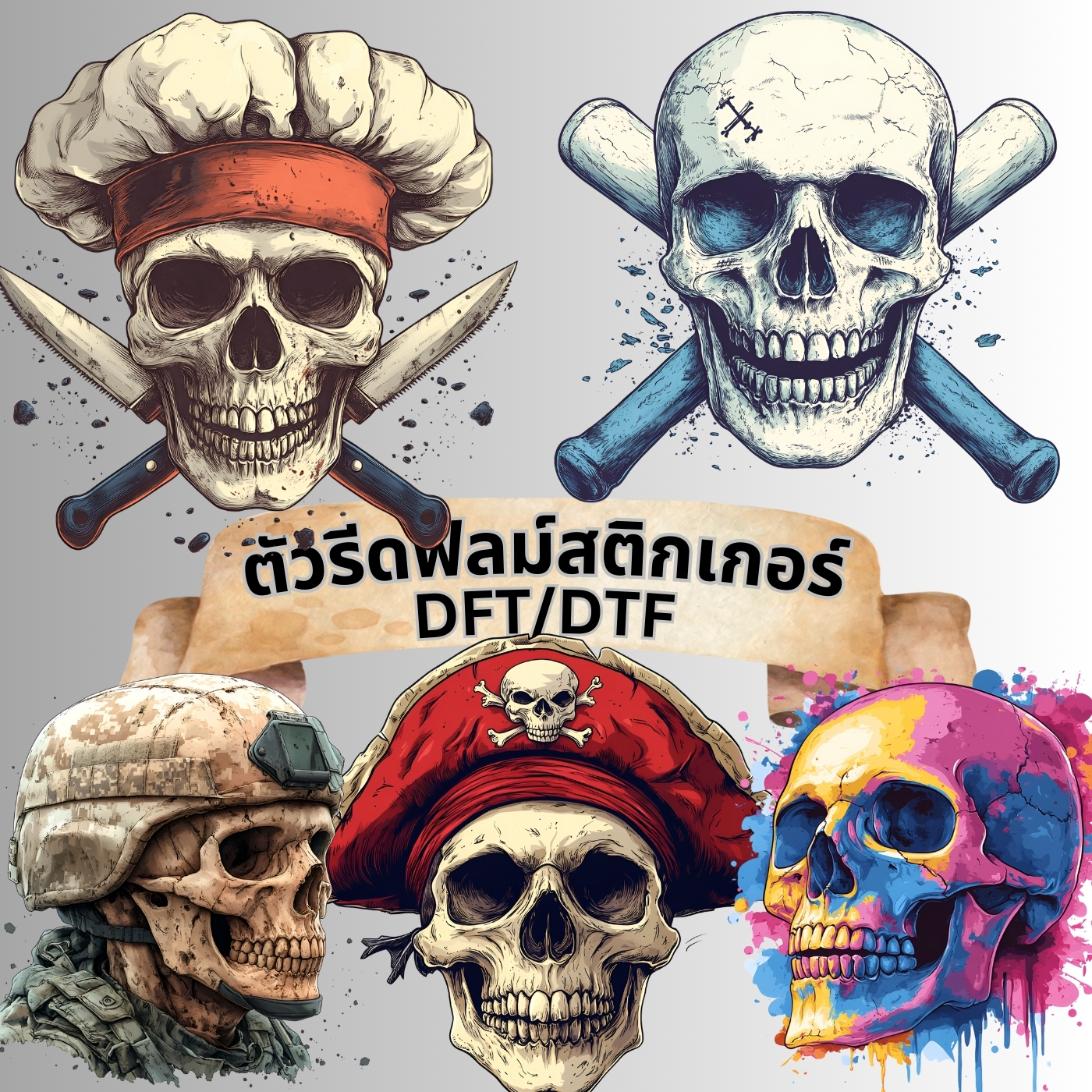 ตัวรีดติดเสื้อ กะโหลก เท่ๆโหดๆ ฟิลม์รีดร้อน พิมพ์ลาย สกรีนลาย ฟิลม์ DFT DTF