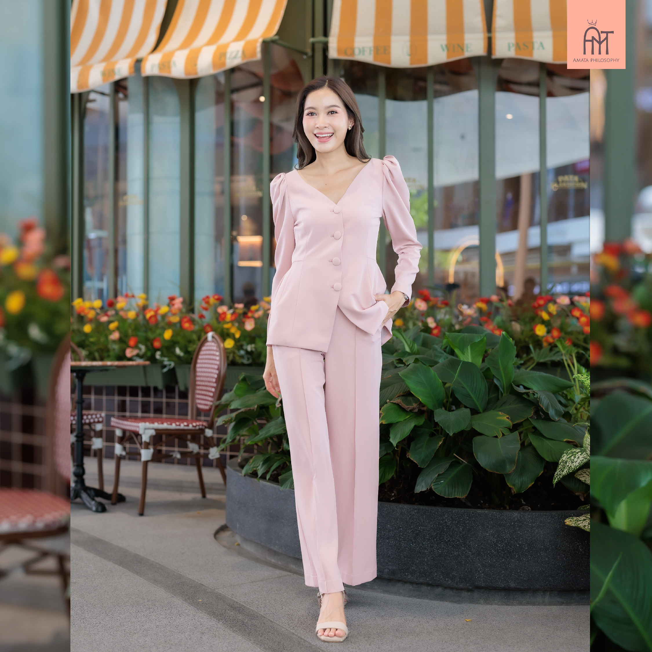 AMATA เสื้อ FLORENCE สีชมพู ครีมเบจ