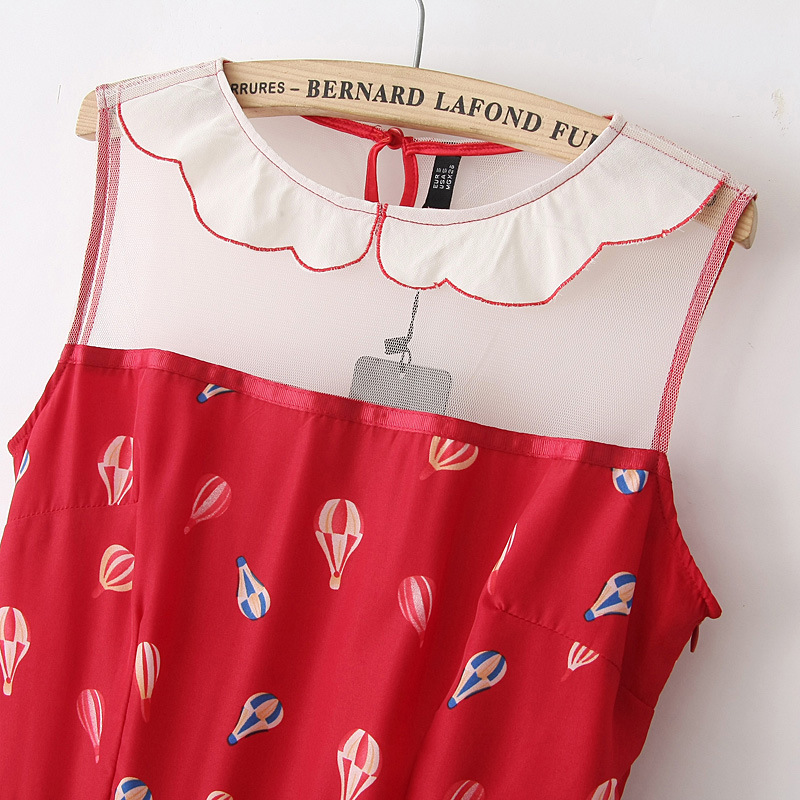 ชุดเดรสแขนกุด ผ้าชีฟองเนื้อดีสีแดง ลายบอลลูน ส่งฟรี ems