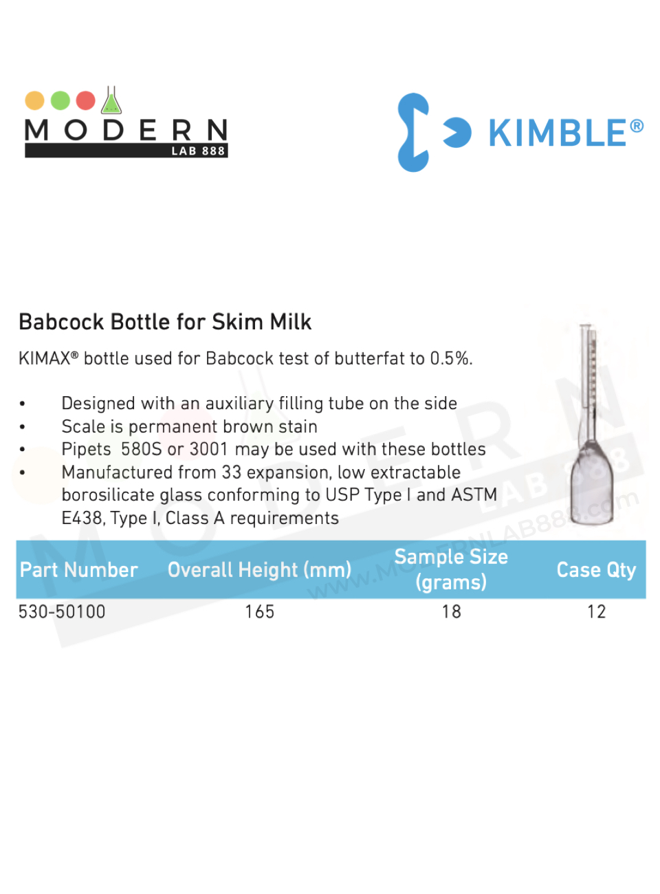 Babcock Bottle for Skim Milk