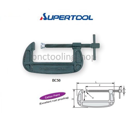 ปากกาตัวซีแบบเหล็กเหนียว (กันสนิม) ช่วงแคลมป์ 50มิล,C-Clamp Bahco Type Clamp Range 50mm,Supertool,BC50
